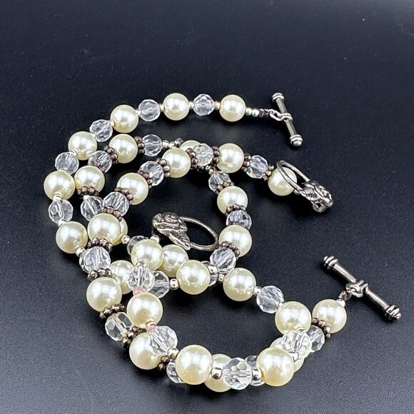 Set Faux Pearl Crystal Silver-tone Rose Toggle Necklace 16" Bracelet 7.5" - Picture 5 of 11